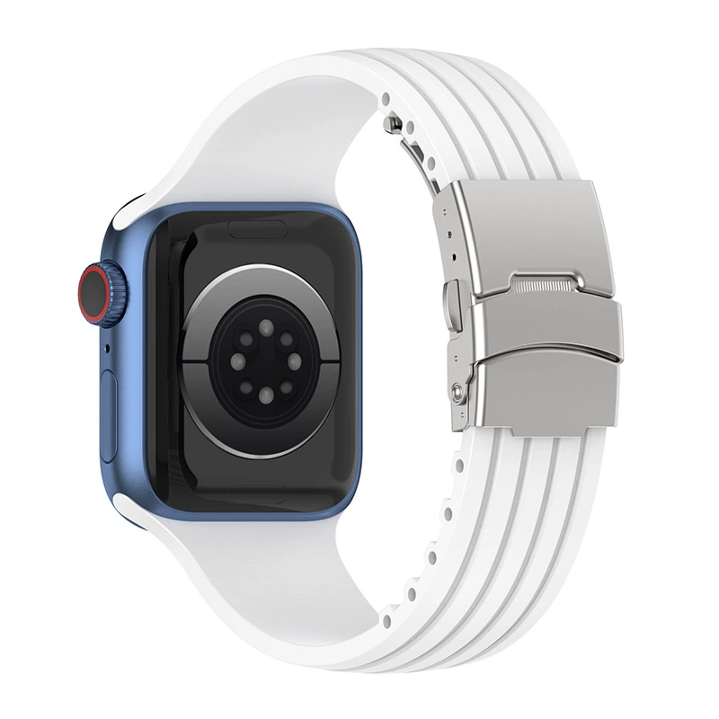 适用苹果Apple watch 123456789代ultra条纹折叠磁吸扣硅胶手表带