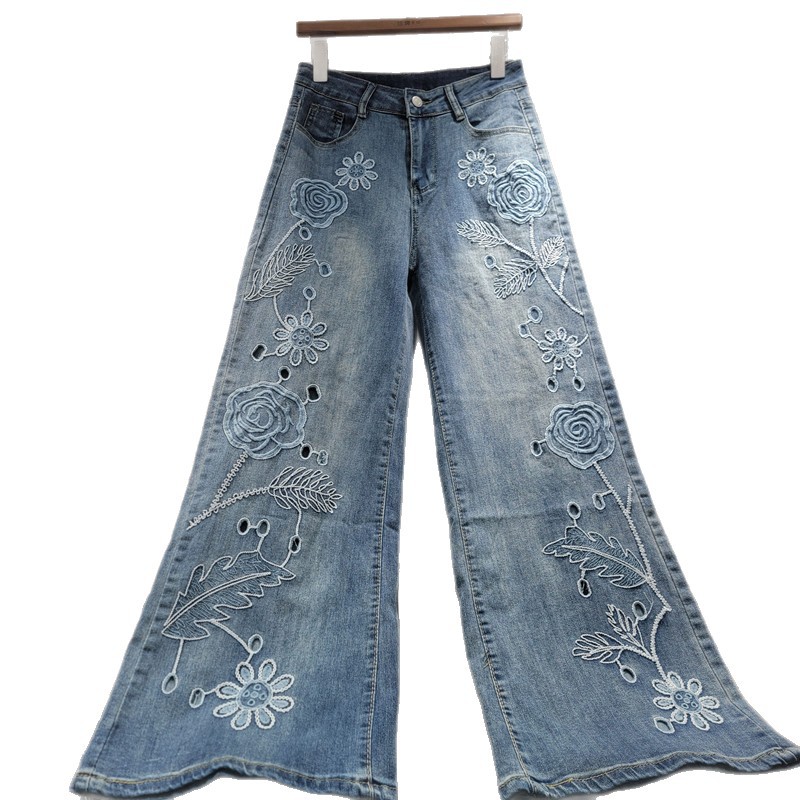 Jeans Rectos con Bordado Floral de Mezclilla y Poliéster con Bordado image 5