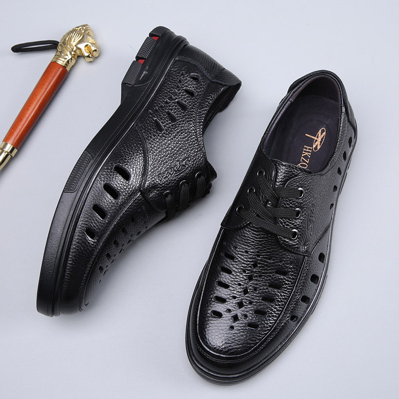 Large Size 46 Size 47 Size Leather Sandals Men's Dad Shoes Summer Hollow Cave Cowhide Leather Soft Bottom Small Size 36 Size