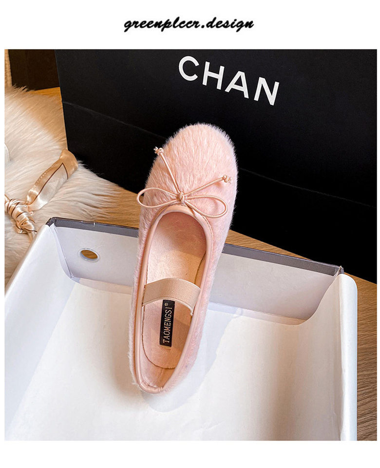 Giày búp bê nữ có lông nơ một quai, đế bệt giữ ấm, cỡ lớn — Màu hồng, Màu trắng chi tiết 28