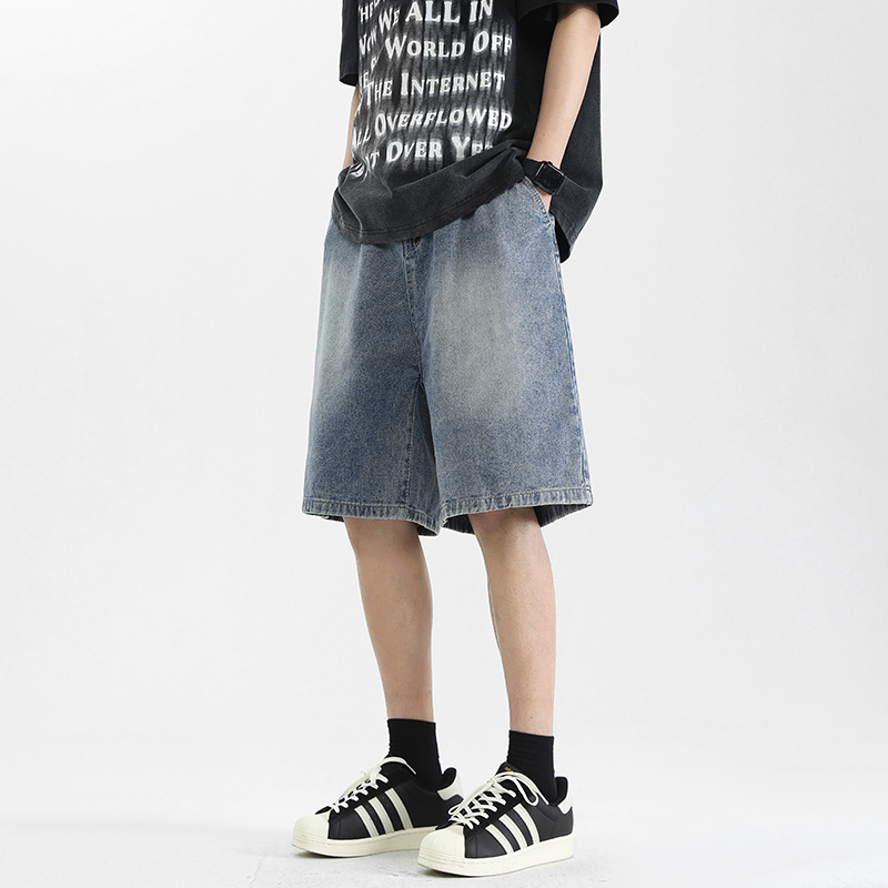 American Street Fashion Brand All-match Denim Shorts Men's Summer Retro Washed Loose Straight Casual Pants