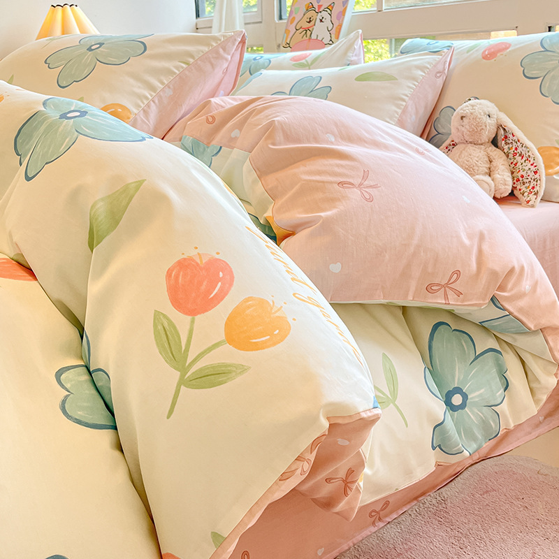 Cama de algodón cuatro piezas de sábanas de algodón cubierta dormitorio único pequeño fresco tres piezas de Nantong ropa de cama al por mayor