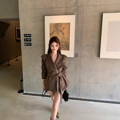 复古深驼色长袖外套女秋季2025新款绑带收腰开衫宽松气质休闲上衣