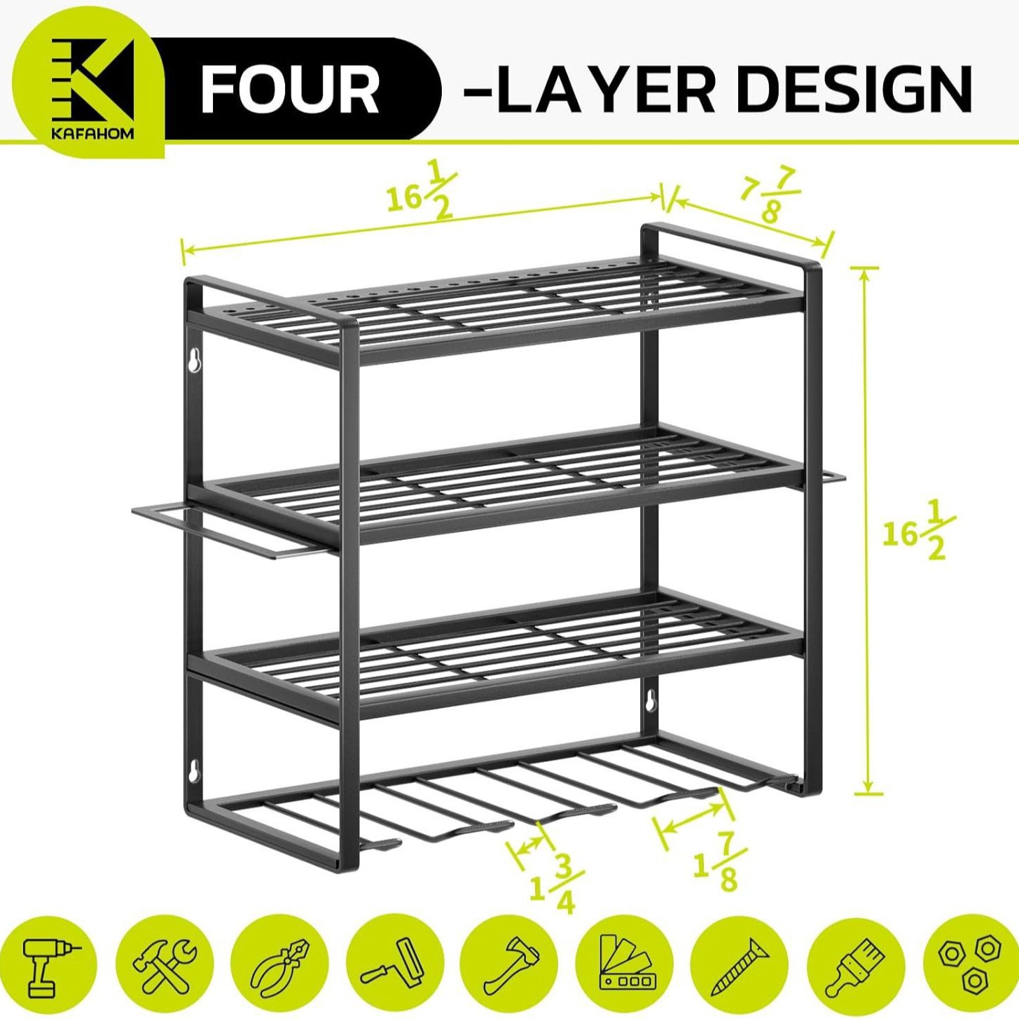 CF pared-mount 4 Tier Garage Tool Holder y estante de herramientas, negro multifuncional