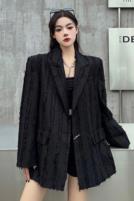 Black Blazer for Women 2023 New Niche Design Loose Frayed Hem Petite Blazer Trendy