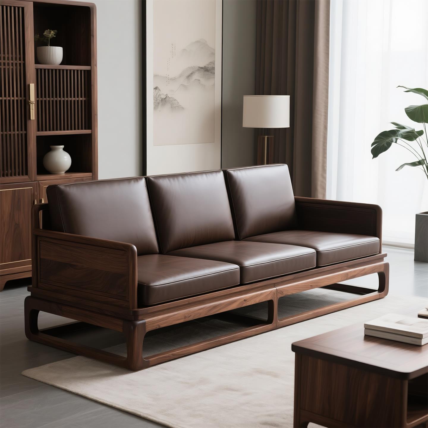 North American Black Walnut Leather Sofa, Antique Style, Modern Minimalist Living Room, Villa, High-End Zen Song Style Aesthetics