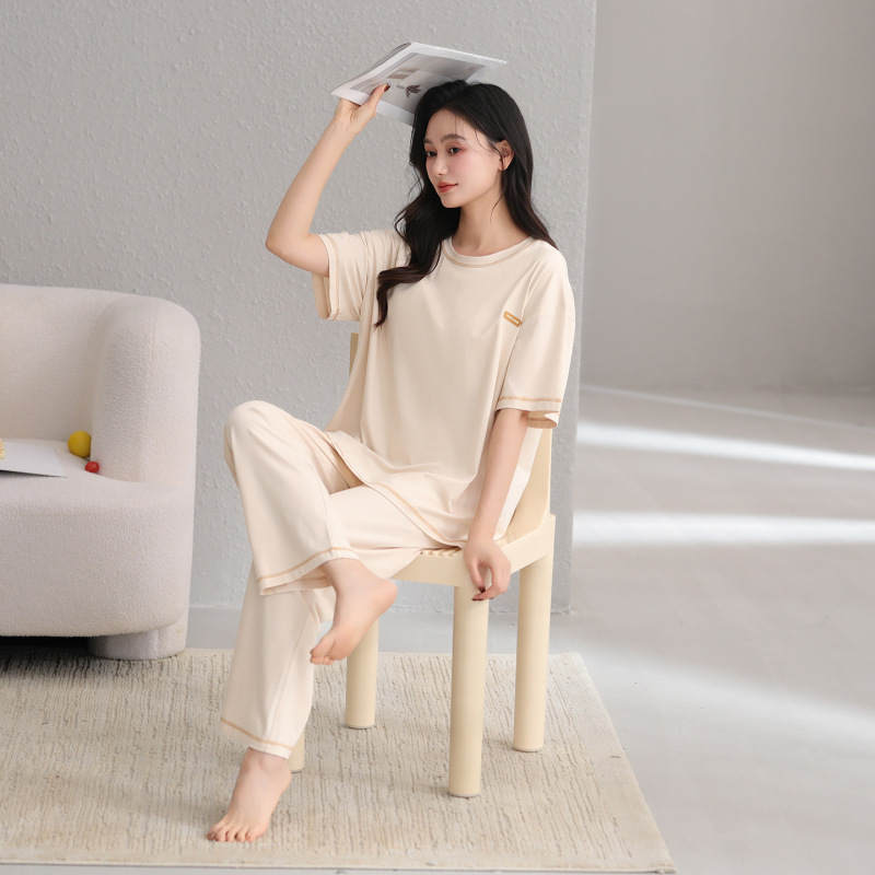 Pajamas with Breast Pads for Women, Modal Summer Short-Sleeved Trousers, Simple and Wearable, Large Size, Thin, High-End Home Wear Pajamas with Breast Pads for Women, Modal Summer Short-Sleeved Trousers, Simple and Wearable, Large Size, Thin, High-End Home Wear