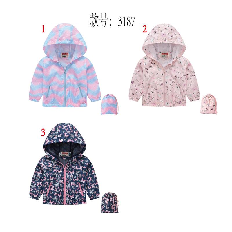 Children's Sunscreen Coat Girls' Hooded Zipper Shirt Korean Style Cute Cartoon Printed Casual Jacket with Storage Bag