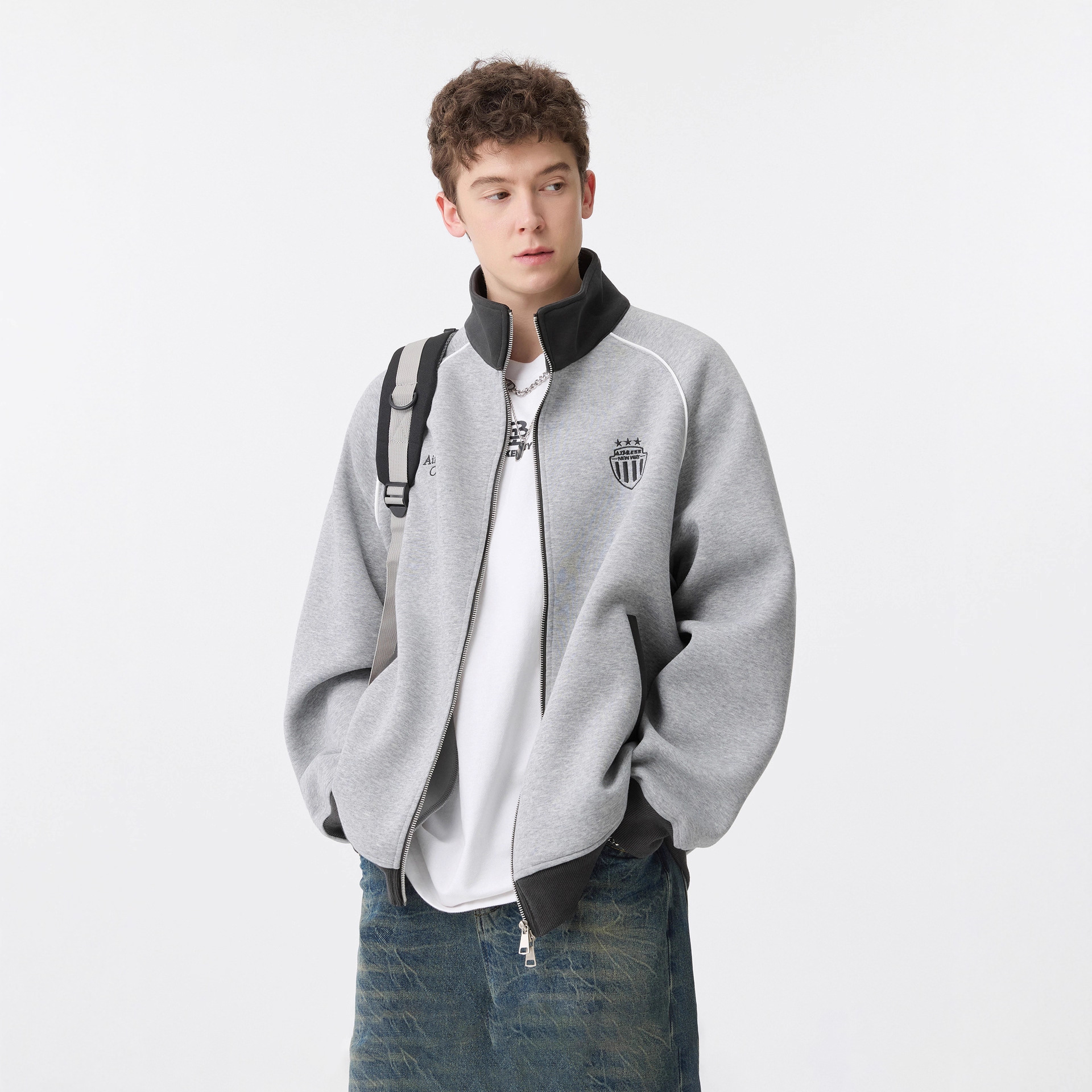 FANSET潮牌秋季新款撞色拼接卫衣男宽松休闲立领夹克上衣开衫外套