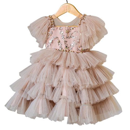 Kids' Dress 2024: New Arrival Girls' Beige Sequin Tiered Suspender Gown with Puffy Tulle Skirt and Bow