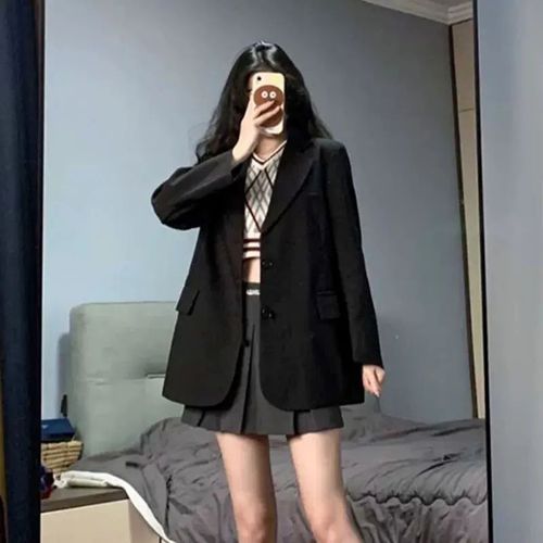 Chic casual black women's suit jacket, spring and autumn Korean version, regular shoulder suit, fashionable suit with shoulder pads