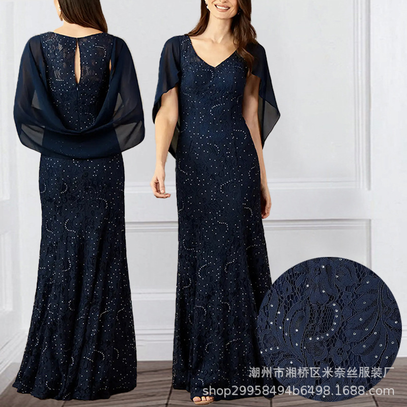 Cross-border Spring and Autumn dress Women's Loose Seven-point Sleeve Embroidered Rhinestone Long Dress Amazon Mother Dress AB7617