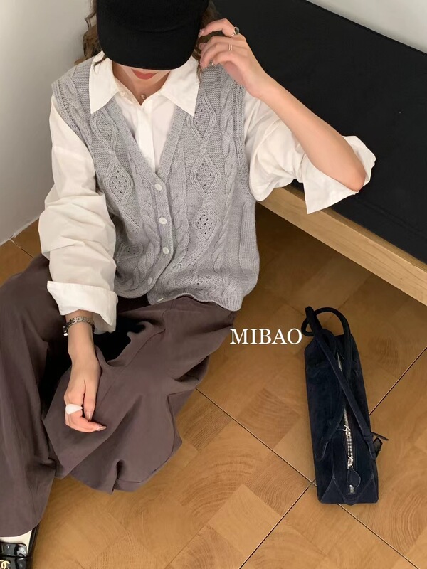 韩系单排扣麻花针织马甲背心女秋季新款宽松软糯叠穿开衫毛衣外套|undefined