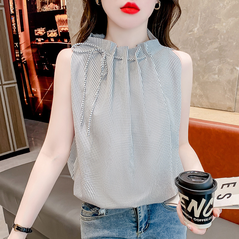 法式感系带蝴蝶结无袖衬衫女夏季设计感褶皱小衫宽松显瘦上衣