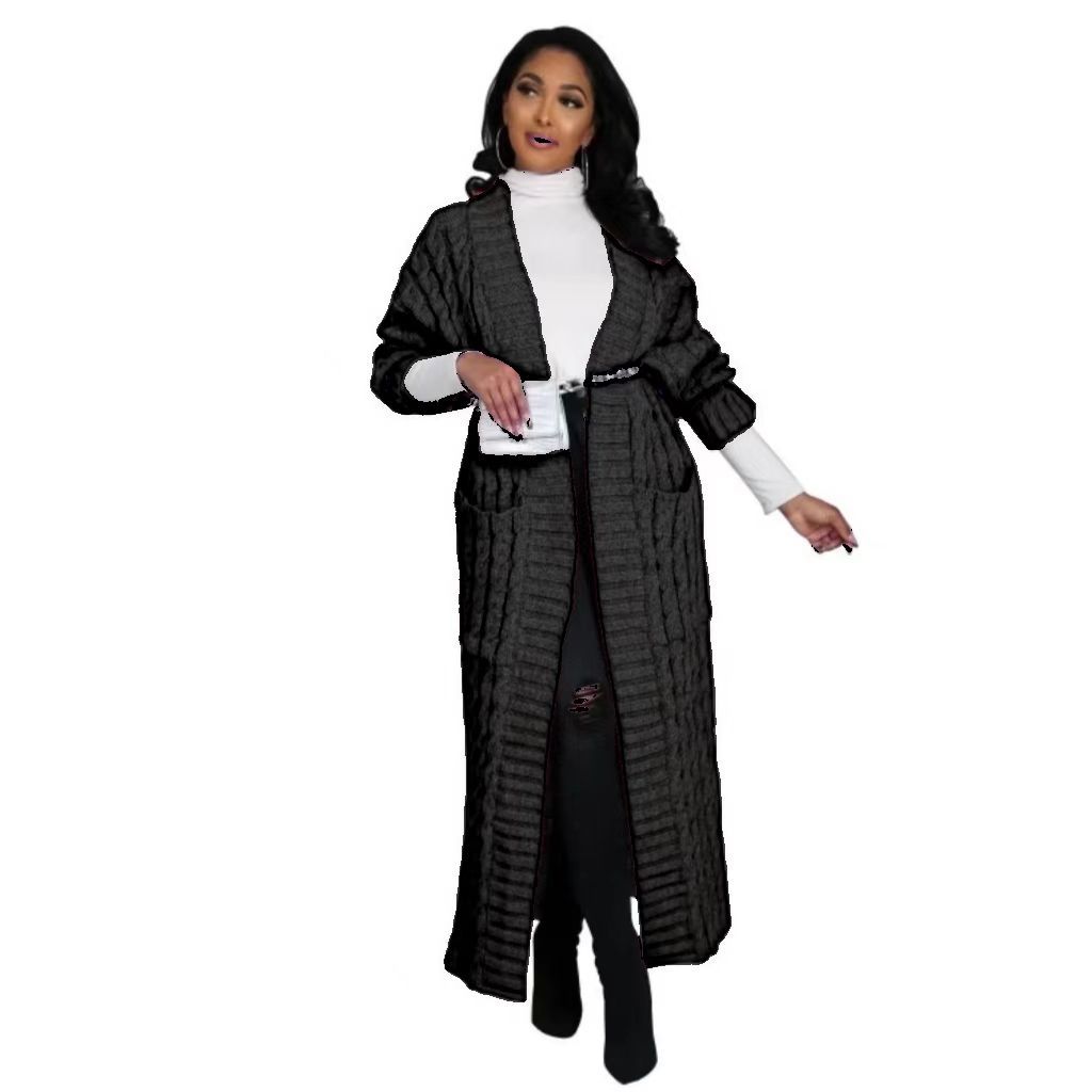 2025 nuevo otoño e invierno Amazon ropa de mujer europea y americana moda bolsillo cárdigan casual suéter de manga larga largo color sólido exterior