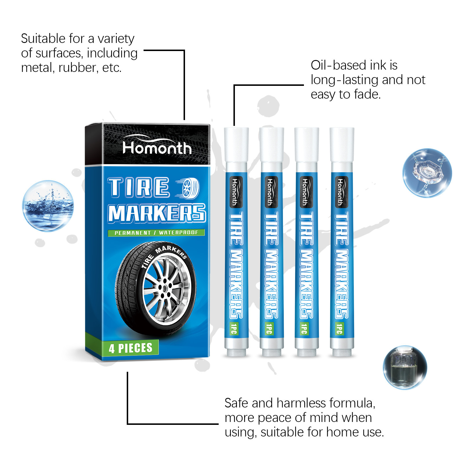 Homonth White Tire Paint Pen Car Tire Solid Color Painting Creative DIY Oil-Based Paint Pen