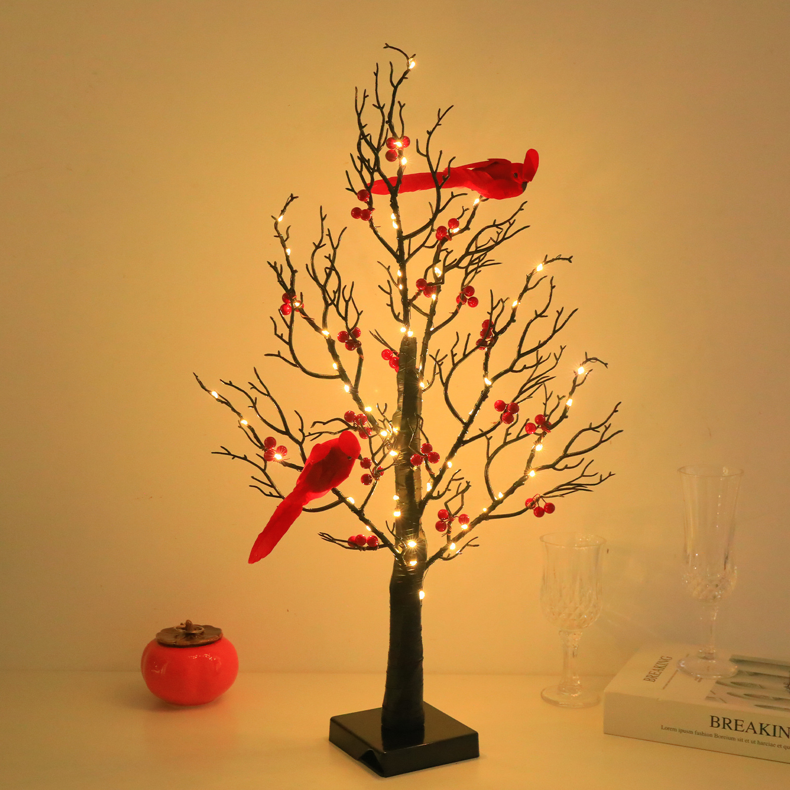 Glowing Red Bird Wrapped Tree Decoration For Living Room And Bedroom Atmosphere Arrangement Styling LED Color Light_voghion.com