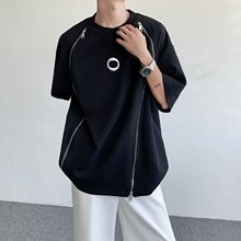 韩国小众设计感双拉链垫肩T恤男纯色立体金属印花短袖简约高级潮D