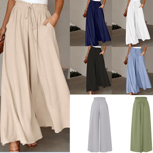 European and American Cross-Border Summer New Women's Wide-Leg Trousers with Elastic Waistband Wide-Leg High-Waisted Long Culottes for Women in Stock