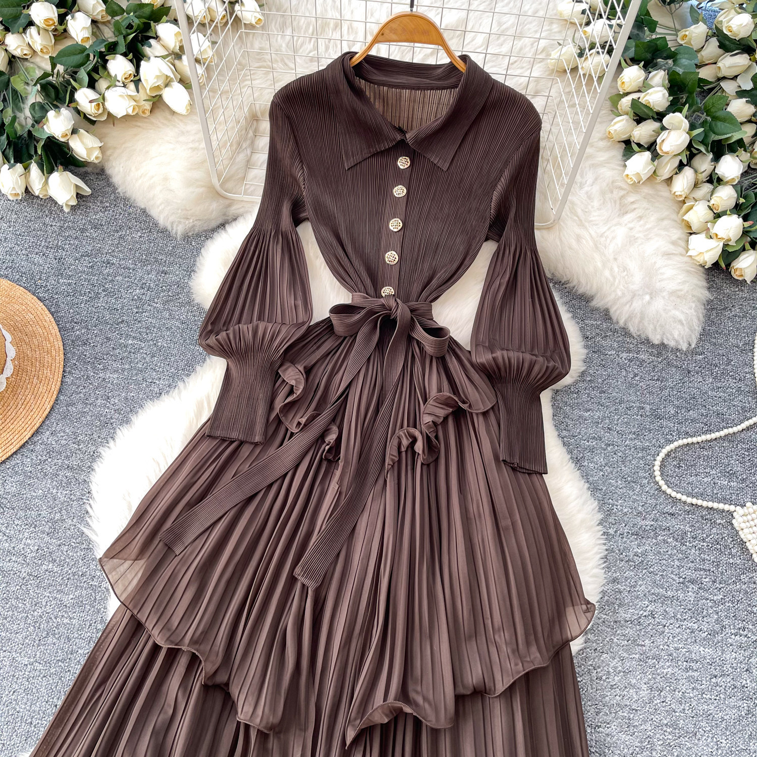Korean Style Lantern Sleeve Dress, Women's Fitted Waist Tie Ruffle Pleated Cake Skirt, Slimming Long Skirt_ecoleips.com