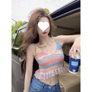 Gradient Colorful V-Neck Stripesd Thai Camisole Women's Summer Outer Wear Pure Lust Sweet Hottie Sexy Tube Top