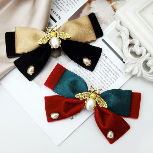 Retro bow hair clip imitation pearl bee velvet hair accessory temperament top clip disk hair spring clip French hair pin for women