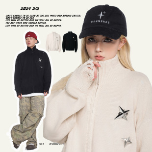 GLFS College Style Street Tattered Old Hole High Neck Diamond Star Zipper Knitted Sweater Couple Simple Cardigan for Men