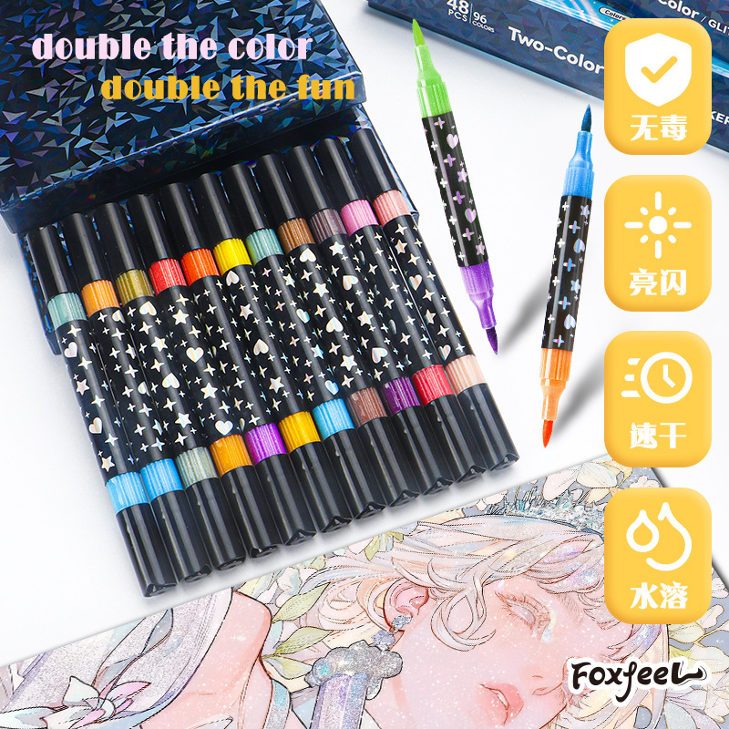 Bolígrafo de doble color de doble cabeza de explosión transfronteriza conjunto de bolígrafo de marca de cabeza suave para pintura con polvo de brillo de perlas