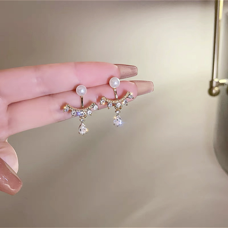 925银针韩国女星网红气质简约珍珠后挂百搭耳环女气质银针女耳饰