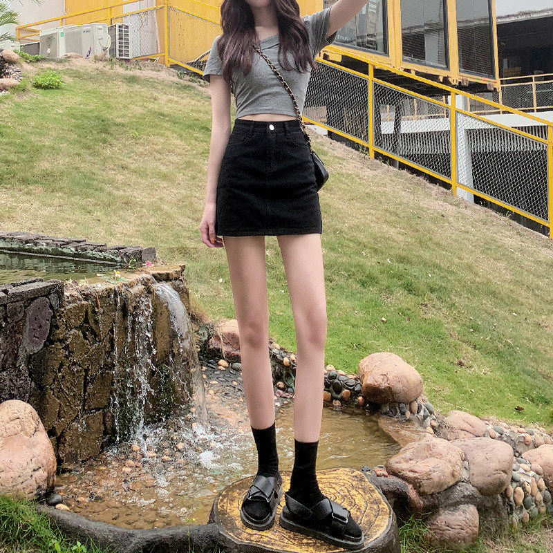 001 high waist denim skirt women's summer 2022 slimming A- line hip skirt trendy