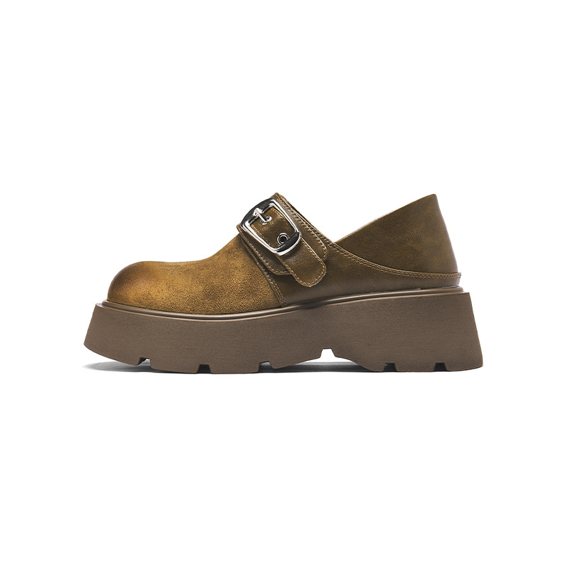 Augu ShiDeng zapatos Lefour de fondo grueso para mujeres 2025 nuevo otoño invierno retro zapatos marrones una sola cabeza de bolsillo un pie zapatos burkin