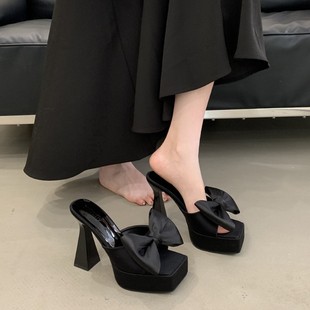 Bow Slippers Women's Thick Heel Square Toe Open Toe Platform Sandals Women's Outwear 13cm Super High Heel Women's Shoes
