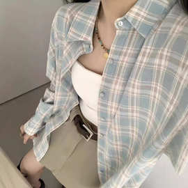 蓝白格子翻领长袖衬衫女秋季宽松中长款小众衬衣休闲盐系防晒上衣