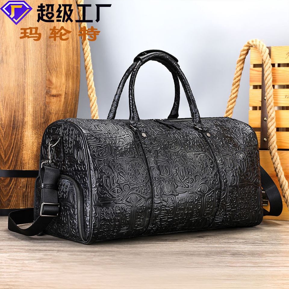 Túi xách cổ điển Marante da thật dập nổi thiết kế nam tính, túi du lịch nam da bò lớp trên cùng — Màu đen
