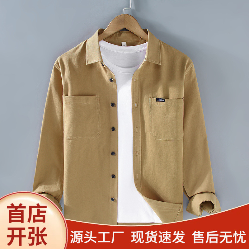 남성용 아메리칸 헤비웨이트 퓨어 코튼 긴팔 워크 셔츠, 트렌디한 캐주얼 다용도 셔츠, 아우터용 솔리드 컬러 코튼 탑
