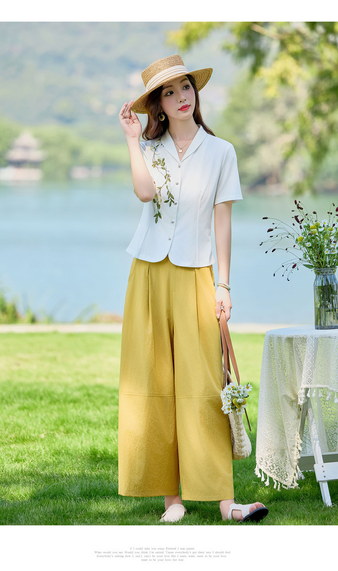 Bộ hai mảnh áo sơ mi thêu hoa kết hợp chân váy cạp cao tay bồng — Màu ảnh chi tiết 14