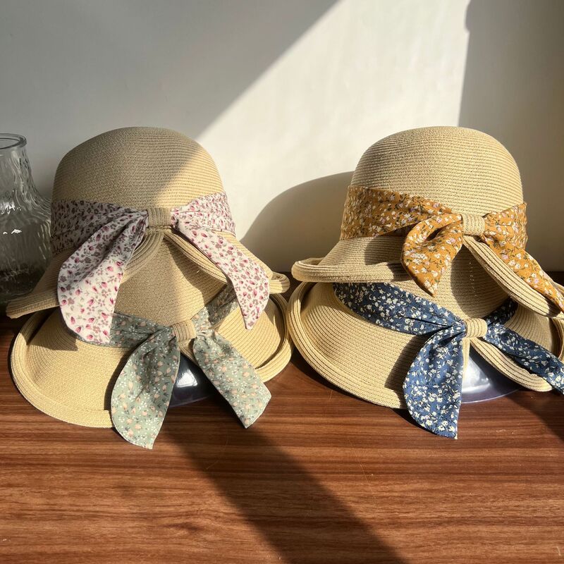 New Hepburn Style Elegant Bow Straw Hat Women's Summer Travel Holiday Pastoral Style Sunscreen Fisherman Hat New Hepburn Style Elegant Bow Straw Hat Women's Summer Travel Holiday Pastoral Style Sunscreen Fisherman Hat