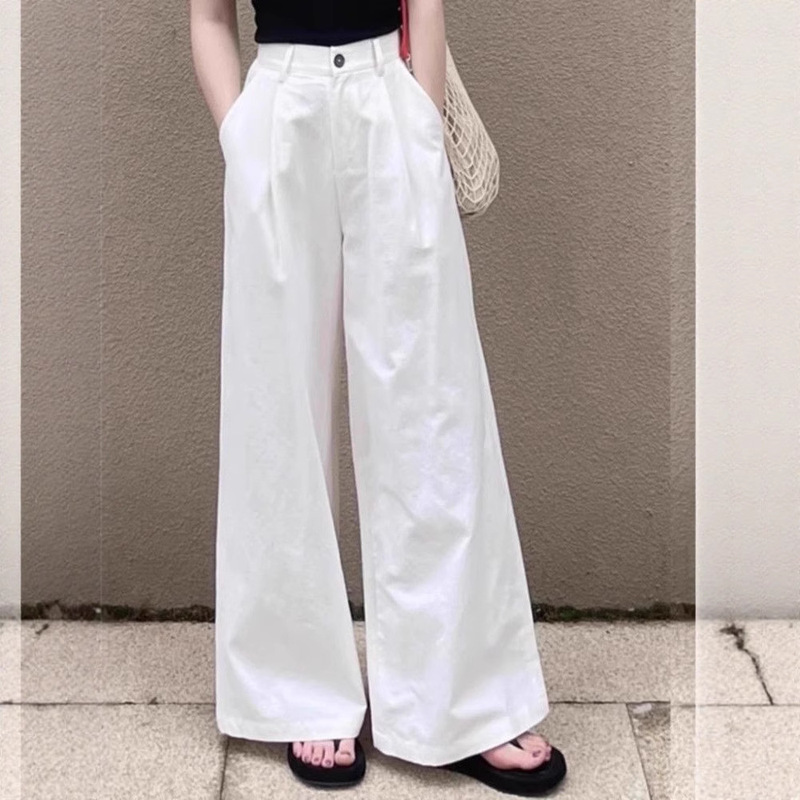 White Denim Wide-Leg Pants for Women, Spring and Autumn, High-End Feel, Thin, Pear-Shaped Body, Loose Fit, Slimming Casual Pants