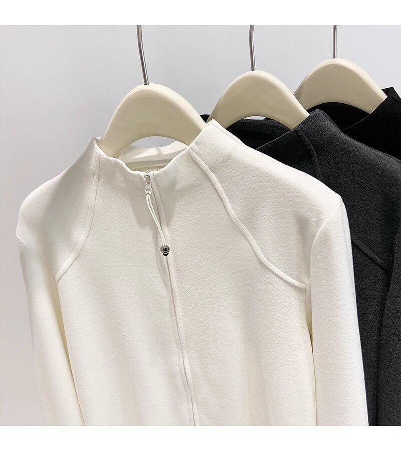 Áo khoác cardigan nữ dáng ôm cổ lọ nửa, khóa kéo đôi, tay dài, chất nhung Đức dày — màu xám đậm, màu đen, quả mơ chi tiết 7