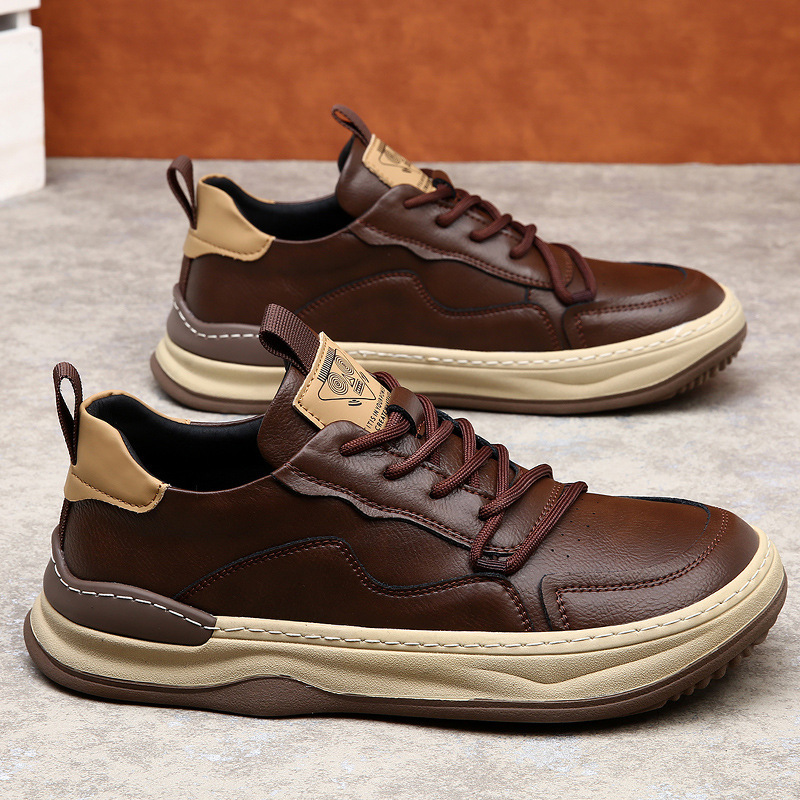 2026 Spring New Men's Shoes, Breathable Cowhide Leather, European Style Trendy Versatile Brown Retro Genuine Leather Casual Sneakers