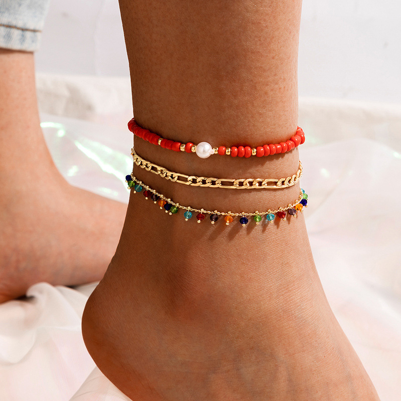 Ethnic Style Foot Decoration Color Beaded Pearl Three-layer Anklet Metal Chain Multi-layer Anklet display picture 1