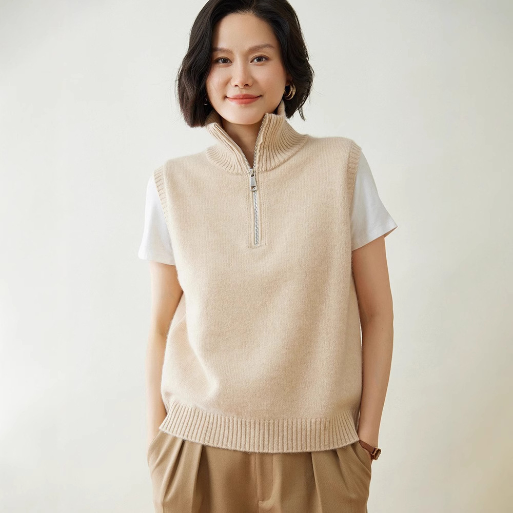 Zippered collar vest, new autumn style, cashmere knitted vest, women's sleeveless stand collar, fashionable and versatile for layering.