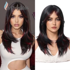 假发女全头套酒红色刘海渐变黑色中长卷发欧美时尚新款玫瑰网wigs
