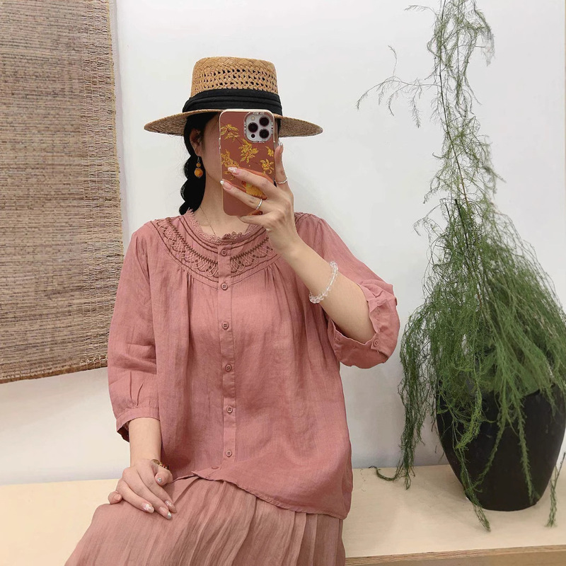 2025 Ramie Full-Edge Neck Embroidered Seven-Sleeve Shirt Lightweight Breathable high quality Simple Single-Breasted Small Shirt