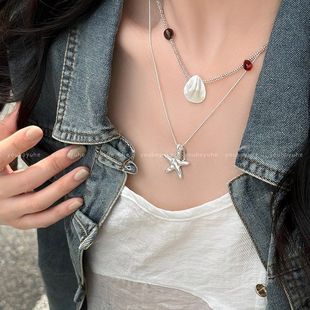 Summer starfish shell pendant necklace for women with niche design sense stacked collarbone chain vacation style fashion necklace accessories