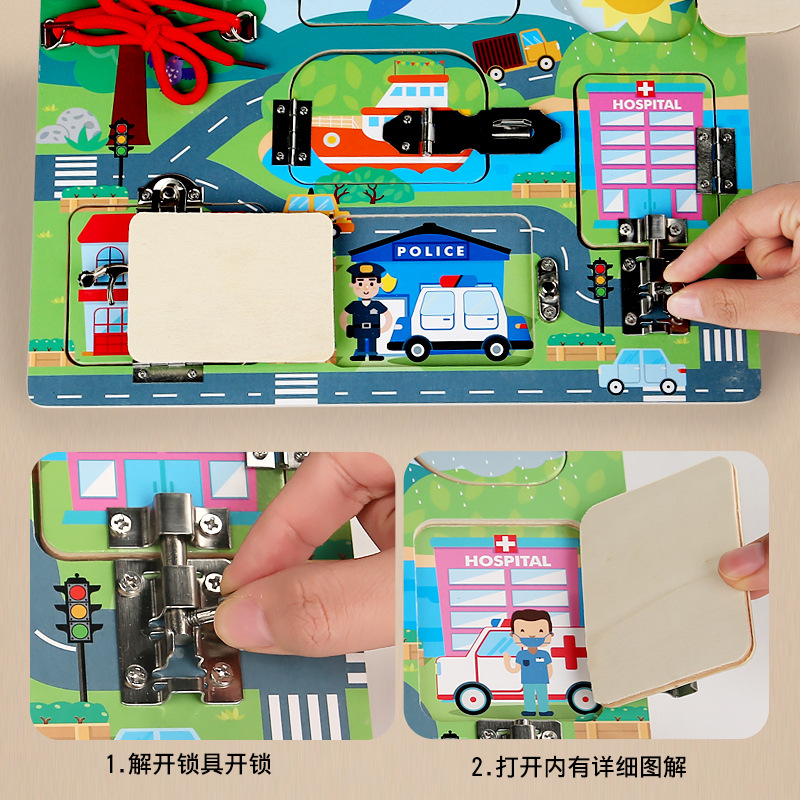 Tablero de madera para niños transfronterizos Tablero de desbloqueo Habilidades para la vida del bebé Coordinación mano-ojo Juguetes educativos de educación temprana Montessori