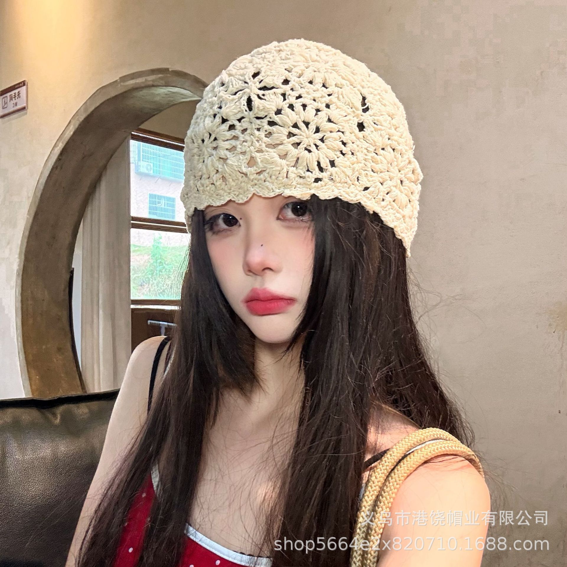 手工帽女日系包头薄款针织编织新款文艺复古镂空手针织帽子堆堆帽