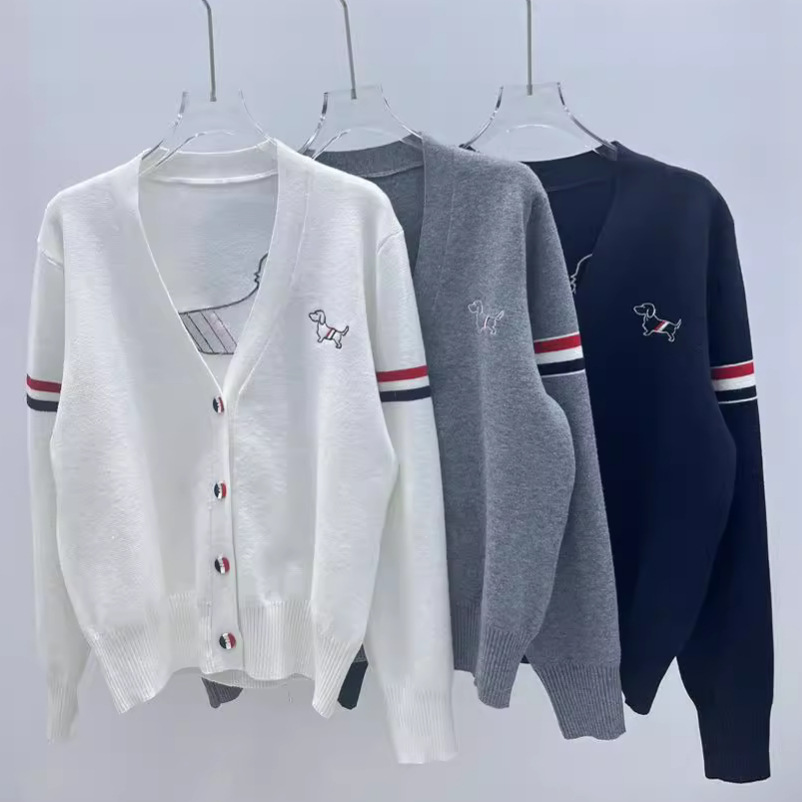 Autumn and winter New tb preppy style V-neck shirt front and rear puppy embroidered double sleeve color stripe knitted long sleeve sweater women's fashion