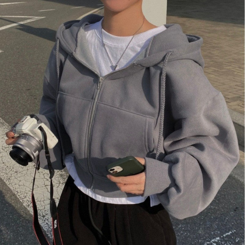 2024 Autumn/Winter New Arrival Ins Fleece Layered Fashion Short Sleeve Zipper Warm Solid Color Hooded Sweatshirt for Women