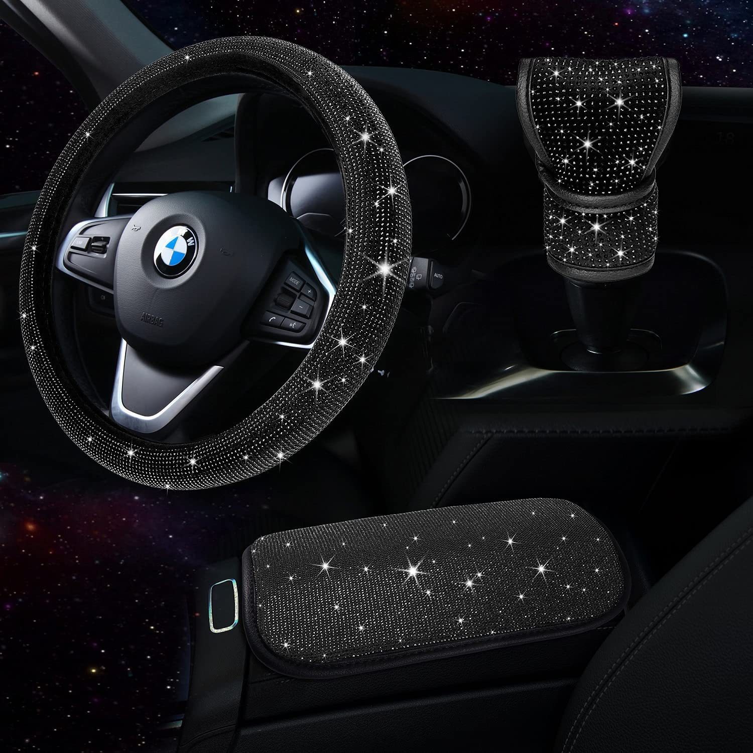 Car Steering Wheel Cover with Hot Diamonds, Full Diamonds, Rhinestone Armrest Box Pad, Gear Handle Cover, Cross-Border Popular Three-Piece Set Wholesale